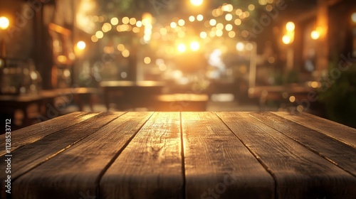 Wooden Tabletop In A Warmly Lit Outdoor Restaurant Setting