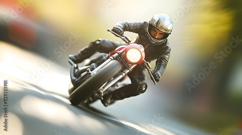 A close-up of an adult riders determined face as they speed through the final lap on a miniature motorcycle.