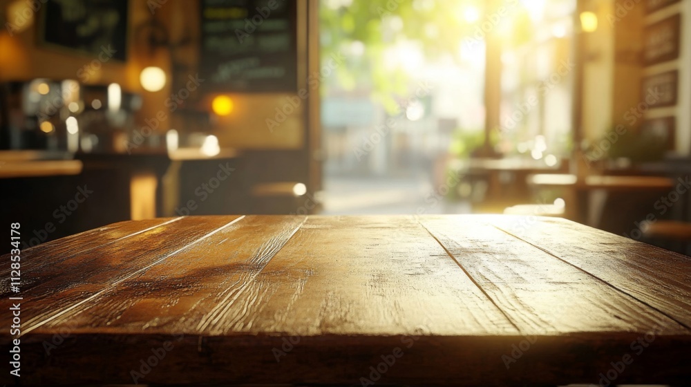 Wooden Tabletop In A Sunny Cafe Setting Wooden Tabletop In A Sunny Cafe Setting