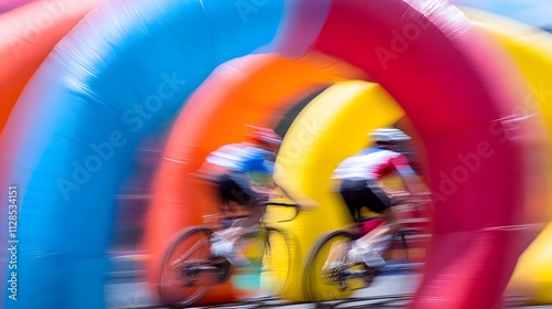Adult racers speeding through a colorful inflatable arch marking the halfway point of the track.