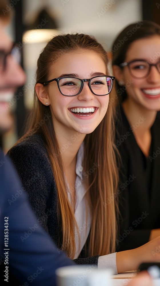 A group of business people smiling and laughing during an office meeting A group of business people smiling and laughing during an office meeting