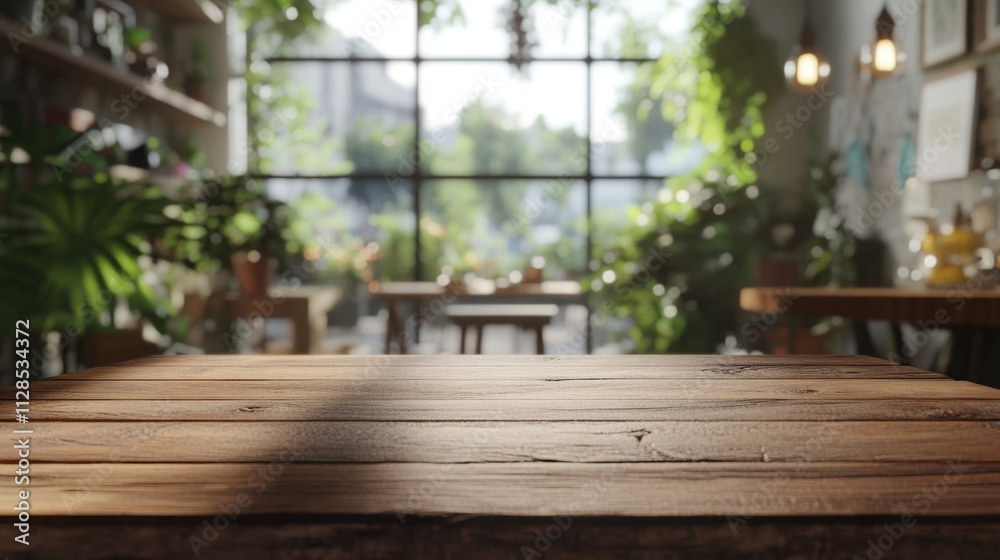Wooden Tabletop In A Sunny Plant Filled Cafe Wooden Tabletop In A Sunny Plant Filled Cafe