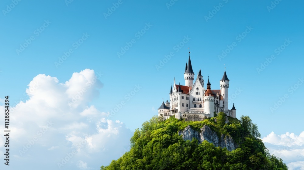 A majestic castle perched atop a lush green hill, surrounded by a clear blue sky and fluffy white clouds.