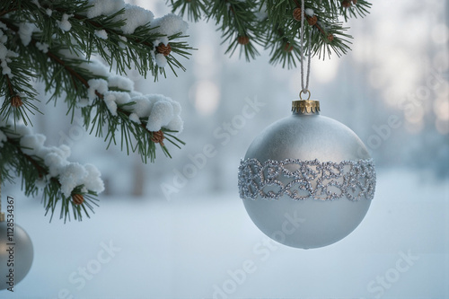 Christmas decorations hanging on a snowy tree background in a winter wonderland photo