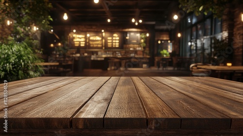 Wooden Tabletop In A Cozy Restaurant Setting