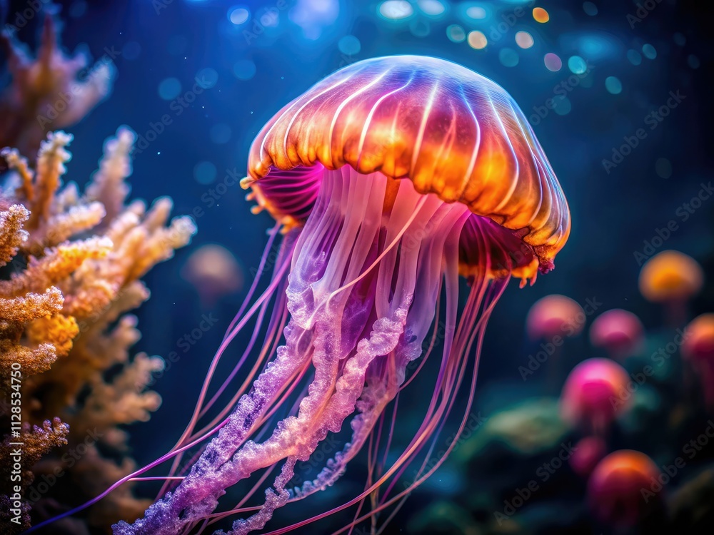 Naklejka premium Mesmerizing glowing jellyfish illuminate an underwater world, captured in stunning photography.