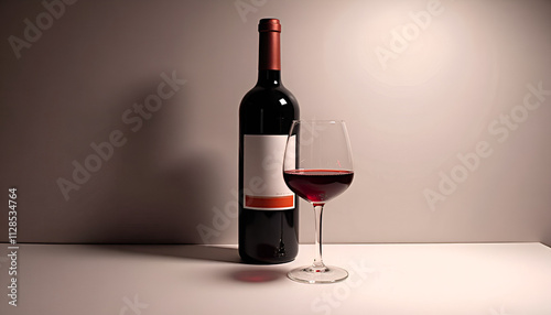 Wine bottle and glass mockup with blank label on a minimalist table
