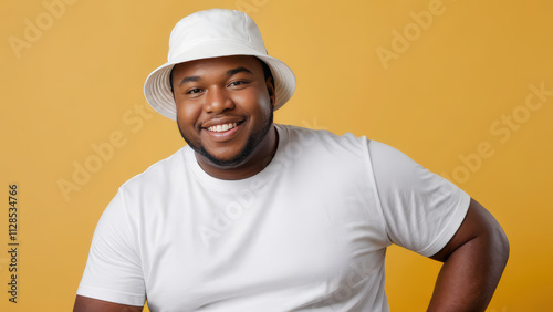 Plus size young black man wearing white t-shirt and white bucket hat isolated on yellow background