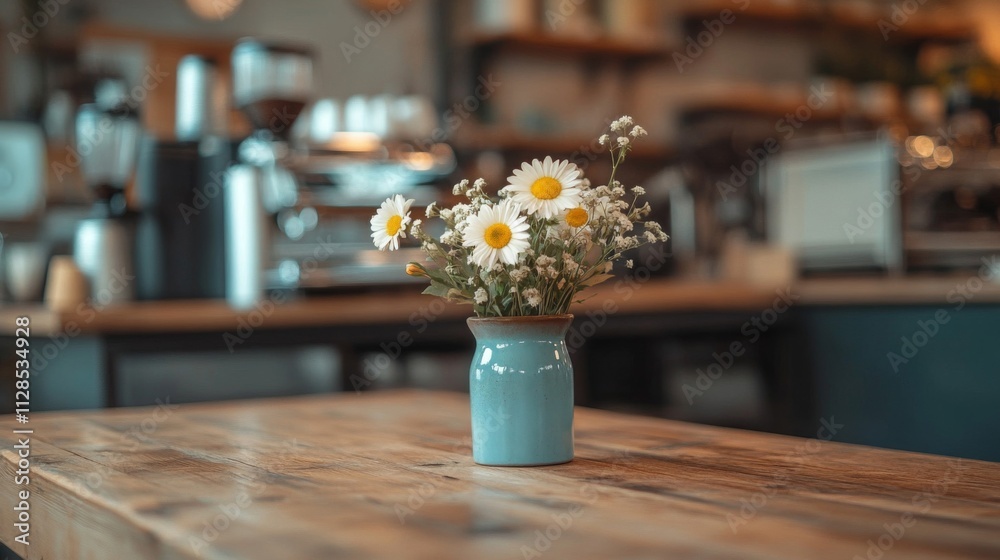 Daisies in a blue vase on a wooden table Daisies in a blue vase on a wooden table