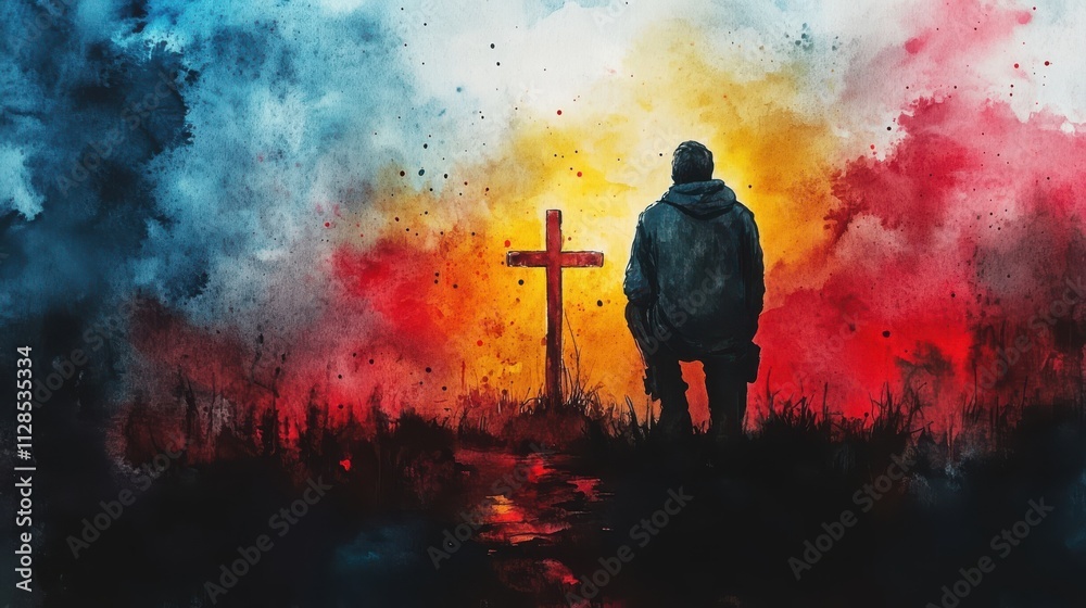 silhouette of a man kneeling in front of a cross digital watercolor painting silhouette of a man kneeling in front of a cross digital watercolor painting