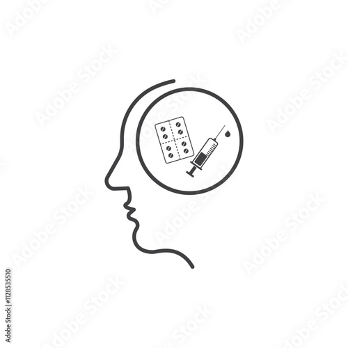 Head profile with pills, syringe, and medication