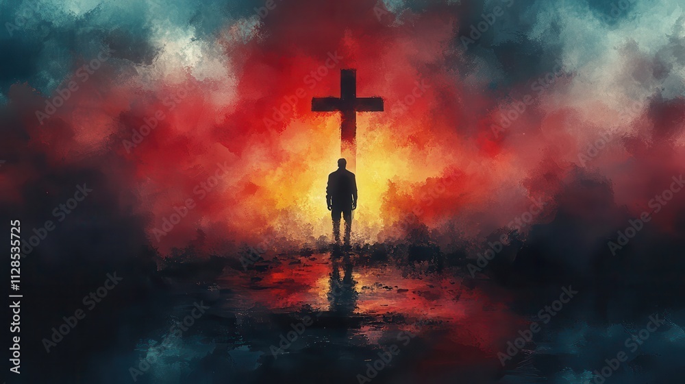 Obraz premium silhouette of a man standing in front of a cross on watercolor background