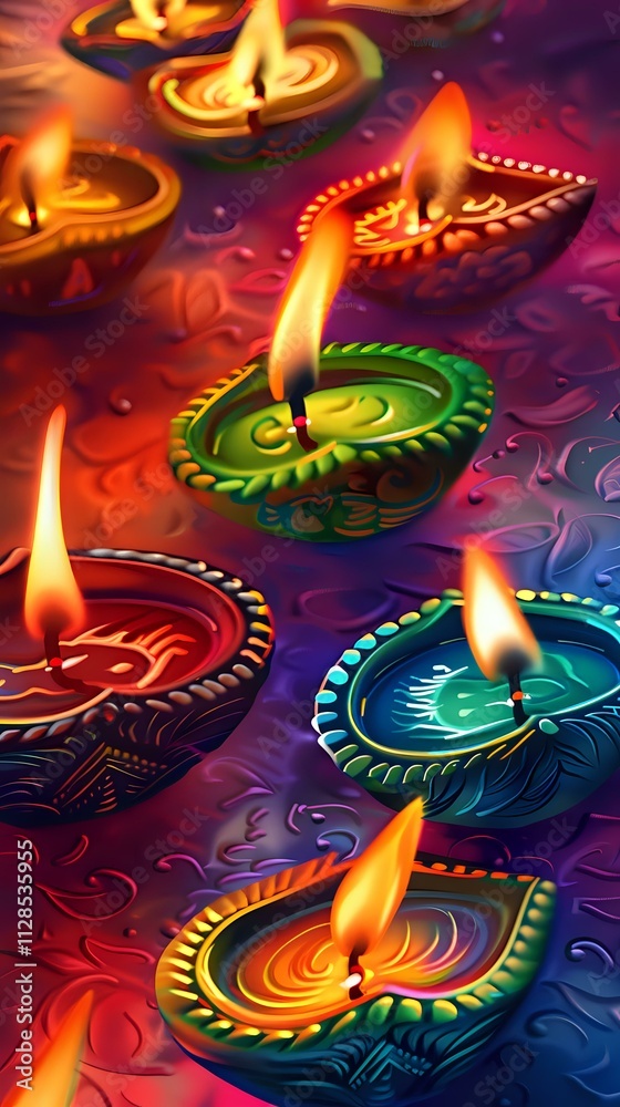 Colorful oil lamps with flickering flames, symbolizing celebration and spirituality. Colorful oil lamps with flickering flames, symbolizing celebration and spirituality.