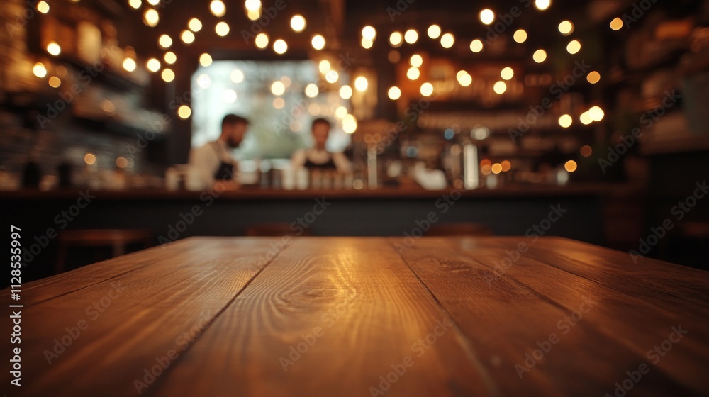 Wooden Table In A Blurred Cozy Cafe Setting Wooden Table In A Blurred Cozy Cafe Setting