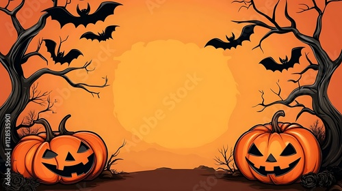 Halloween Jack-o'-Lanterns and Bats: Spooky Digital Illustration AI Generated photo