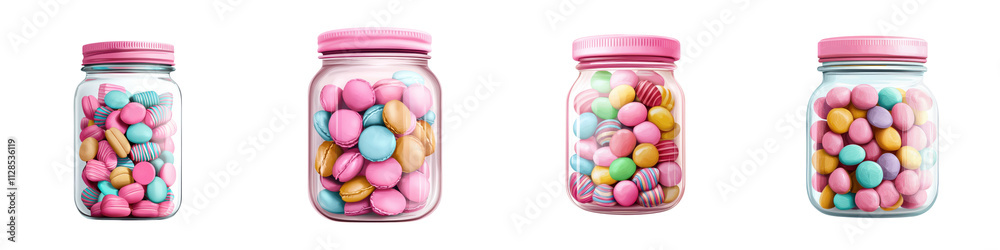 Obraz premium Assortment of Colorful Candies and Sweets in Glass Jars Displayed on a White Background Variety of Delicious Confectionery Items Including Gummy Bears Lollipops Jelly Beans and More