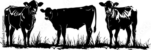Three black silhouette cows standing in grass. Dairy or beef cattle illustrated in profile view. Farmyard scene in simple monochrome style isolated over blank transparent background