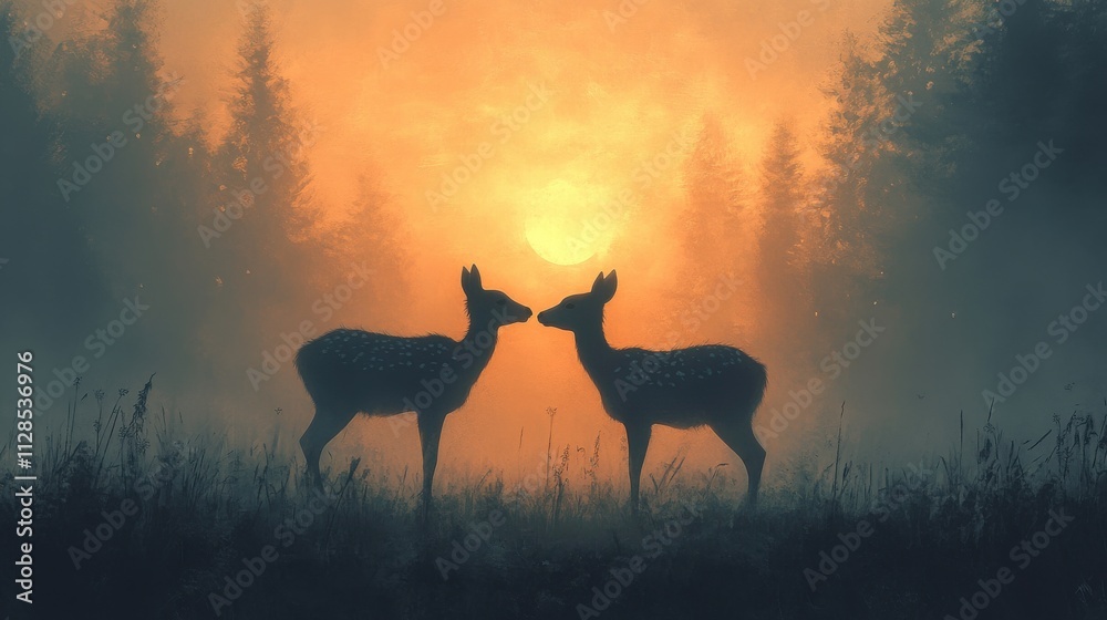 silhouette of two deers in foggy forest digital painting silhouette of two deers in foggy forest digital painting