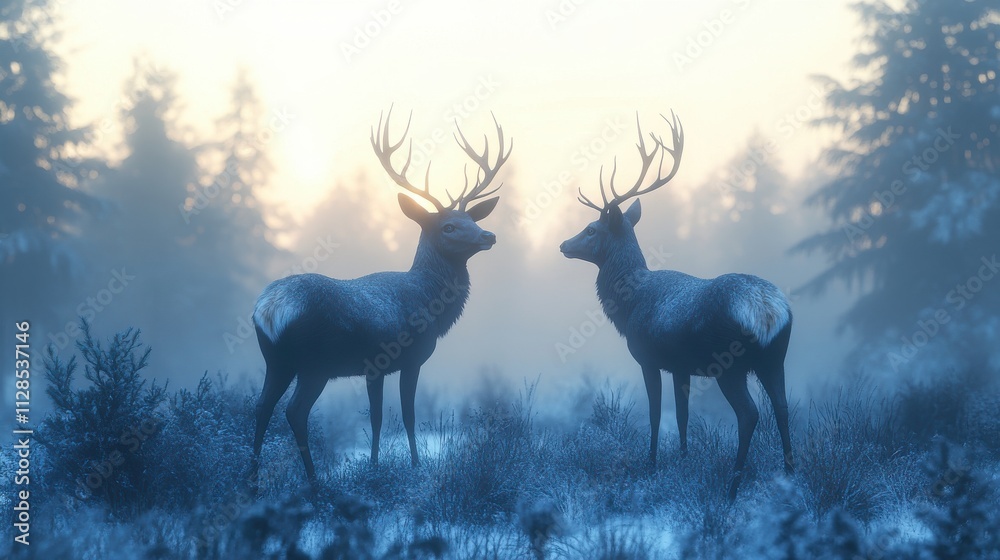 silhouette of two deers in misty forest rendering silhouette of two deers in misty forest rendering