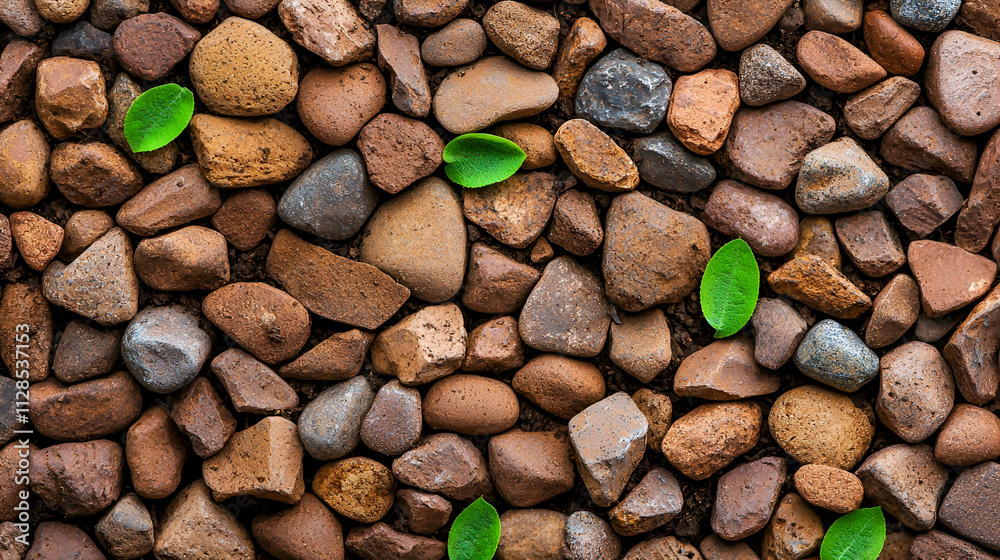 Natural pebbles scattered with green leaves create an earthy texture, perfect for landscaping or nature-themed designs.