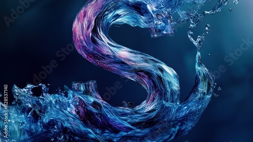 Abstract Water Sculpture: A Dynamic Swirling 'S' Shaped Form in Vibrant Blues and Purples, Capturing the Essence of Fluid Motion and Artistic Expression photo