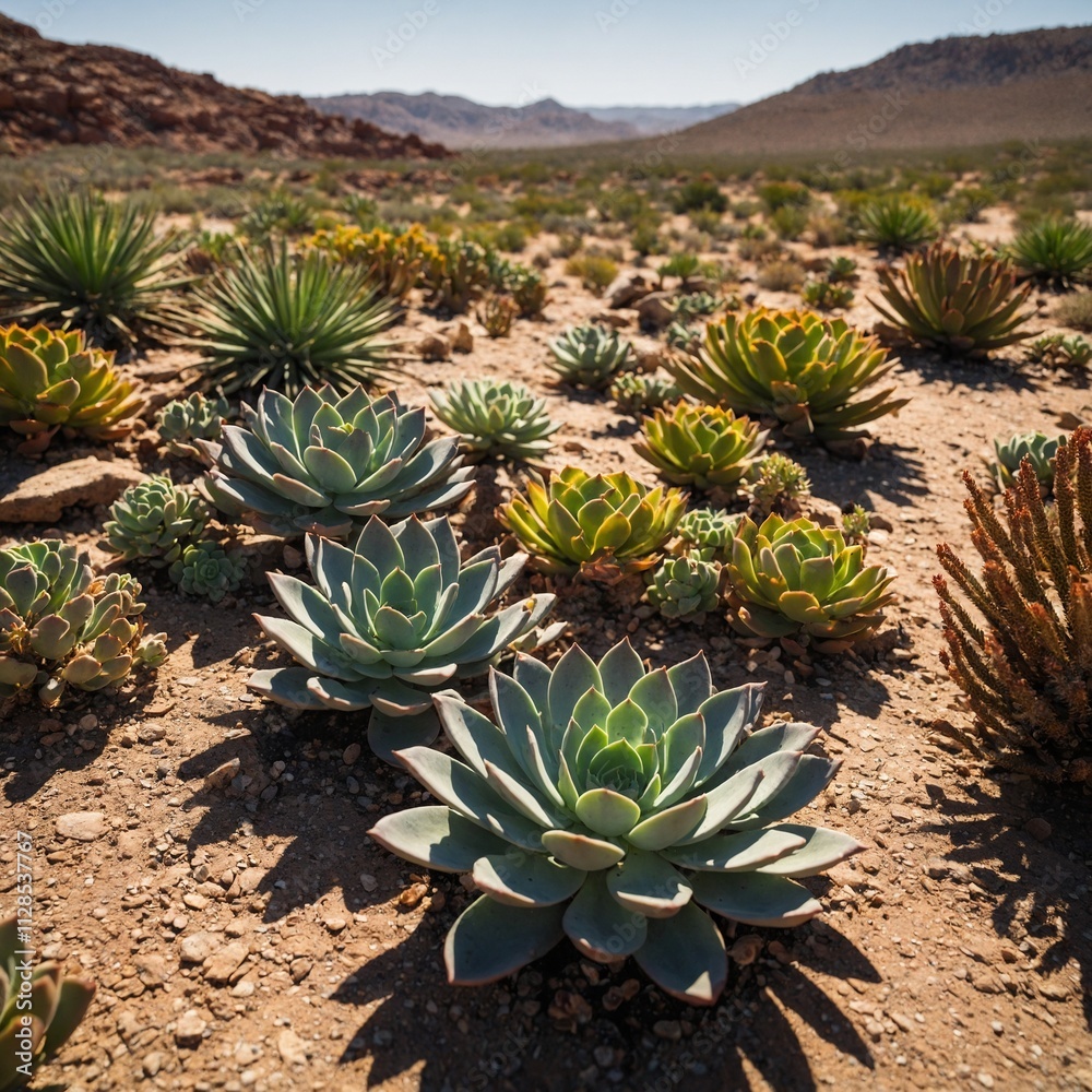 Obraz premium A vibrant scene of lush green plants thriving in a serene natural environment. The plants include ferns, succulents, and flowering species, each glowing with dew under a soft golden morning light.