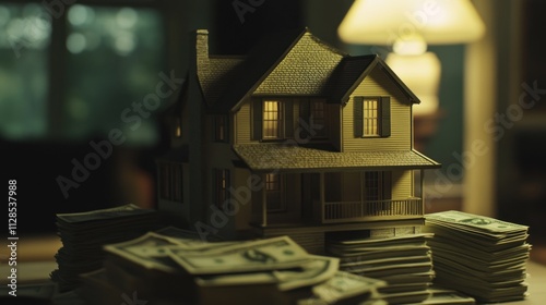 Illuminated House Model Resting Atop Stacks of Cash: A Visual Representation of Real Estate Investment and Financial Prosperity, Highlighting the Concept of Homeownership and Wealth Building