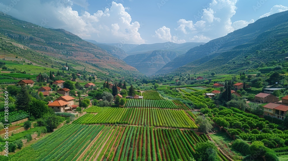 Fototapeta premium Lush Green Valley Farmland Mountain Landscape Rural Houses