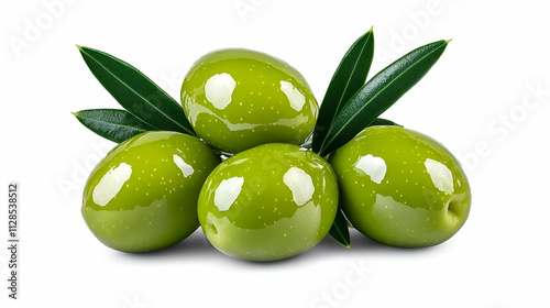 Fresh green olives with leaves, showcasing their glossy texture and vibrant color, perfect for culinary uses and Mediterranean cuisine. photo