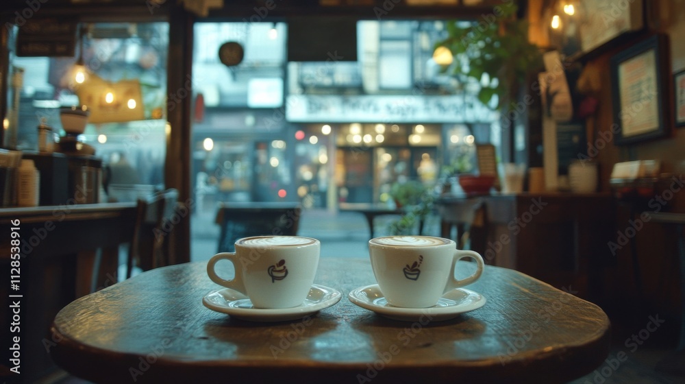 Two Cappuccinos Await In A Cozy Coffee Shop