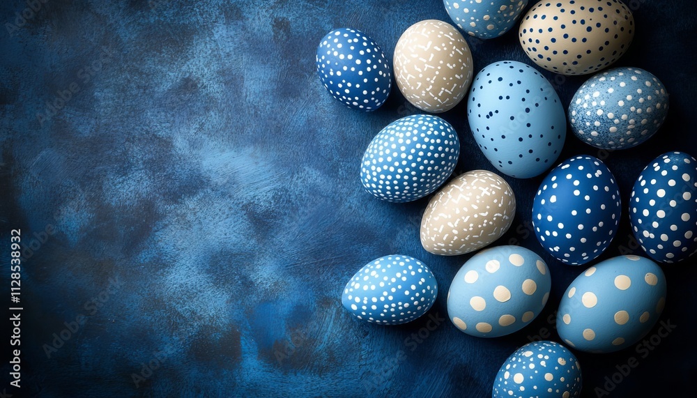 Blue and Beige Easter Eggs with Polka Dots on a Dark Blue Background. Top View with Copy Space. Blue and Beige Easter Eggs with Polka Dots on a Dark Blue Background. Top View with Copy Space.