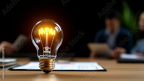 A lamp standing on a wooden table, with people sitting in the background.