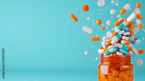 Vibrant assortment of colorful pills and capsules dynamically bursting from an orange bottle against a bright blue background.