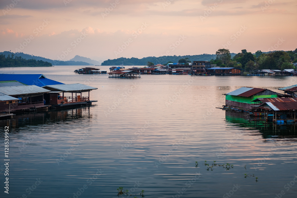 Fototapeta premium Sangkhlaburi mon village floating house at sunset Thailand 