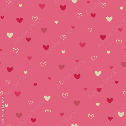 Vector illustration. Seamless pattern of cute hearts in pink, raspberry, beige colors. Valentine's Day design for fabric, wallpaper, textile, wrapping paper, delicate children's background, website ba