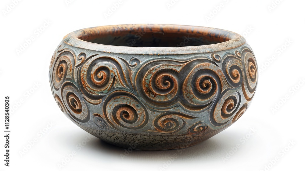 A stunning hand-glazed stoneware pot with a intricate, swirling pattern, isolated on a white background A stunning hand-glazed stoneware pot with a intricate, swirling pattern, isolated on a white background
