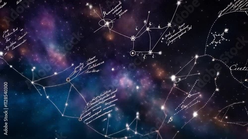 An animation of a star map being drawn, showing constellations and their mythological backgrounds as stars twinkle.