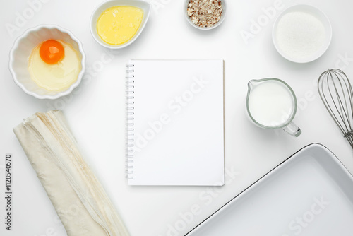 Cooking ingredients and notebook on a white background. For baking Crinkle Cake. Mockup design for recipe or food blog photo