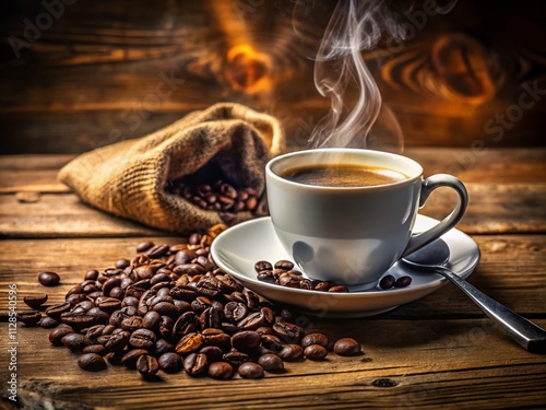 A Cozy Scene with a White Coffee Cup, Steam Rising, and Coffee Beans Laid Around, Perfect for Coffee Lovers and Aromatic Beverage Enthusiasts