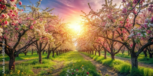 Urban exploration reveals a vibrant summer scene: apple orchard blossoms in full bloom.