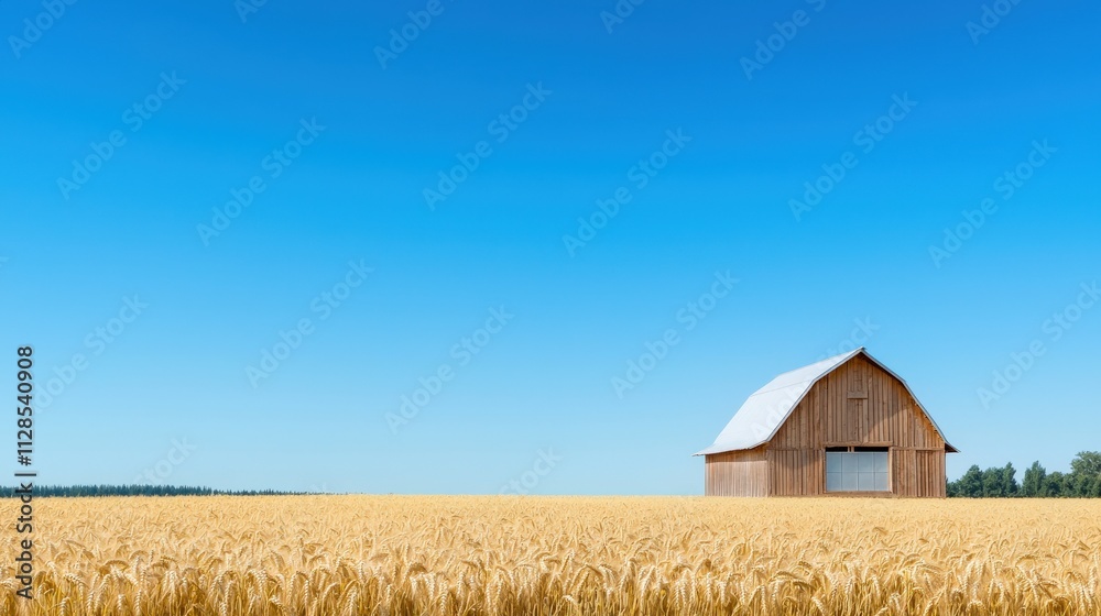 A rustic barn stands in a golden wheat field under a clear blue sky, embodying the tranquility of rural life. A rustic barn stands in a golden wheat field under a clear blue sky, embodying the tranquility of rural life.