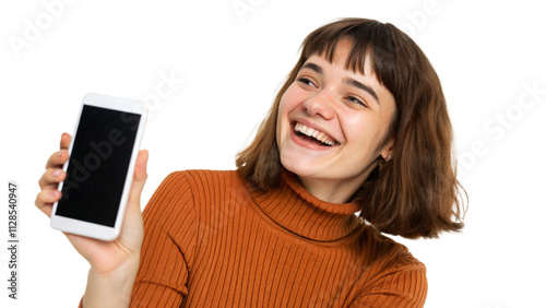 Happy young woman holding blank phone screen with copy space for the app