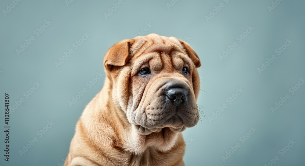 Adorable shar pei puppy with wrinkled fur on a soft blue background Adorable shar pei puppy with wrinkled fur on a soft blue background