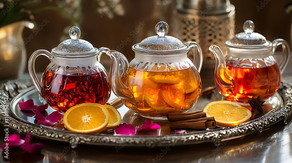 A luxurious tea setup with crystal-clear glass teapots, each filled with vibrant herbal teas, surrounded by fresh garnishes like orange slices, cinnamon sticks, and rose petals, A luxurious tea setup with crystal-clear glass teapots, each filled with vibrant herbal teas, surrounded by fresh garnishes like orange slices, cinnamon sticks, and rose petals,
