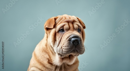 Adorable shar pei puppy with wrinkled fur on a soft blue background