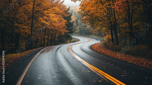 Winding highway through vibrant fall foliage, forested hills all around, sunrise light breaking through, 