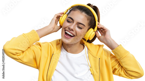Happy young woman in yellow hoodie smiling with closed eyes, enjoying music via wireless headphones