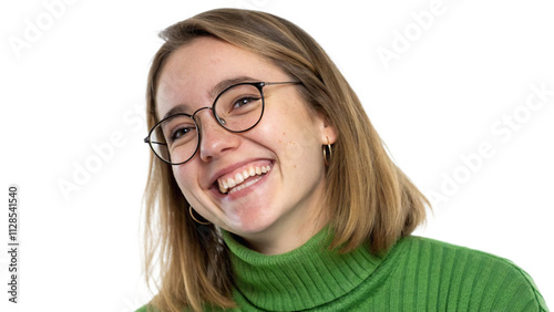 Headshot of student girl in stylish glasses smiling at camera with enthusiasm