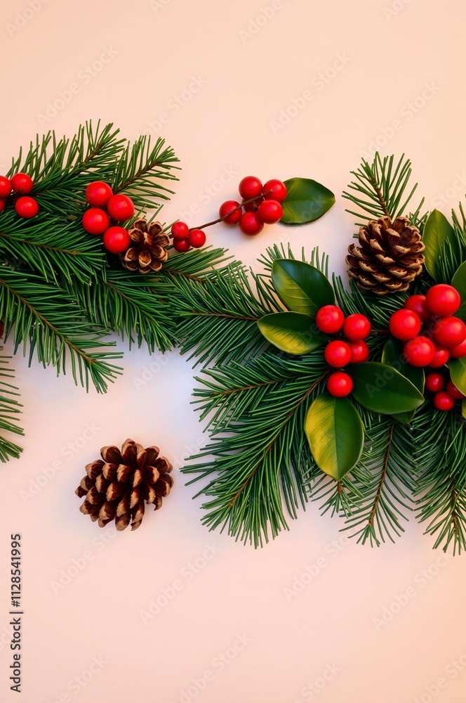 Elegant Christmas Arrangement with Pine Branches, Red Berries, and Pine Cones on a Light Background Elegant Christmas Arrangement with Pine Branches, Red Berries, and Pine Cones on a Light Background