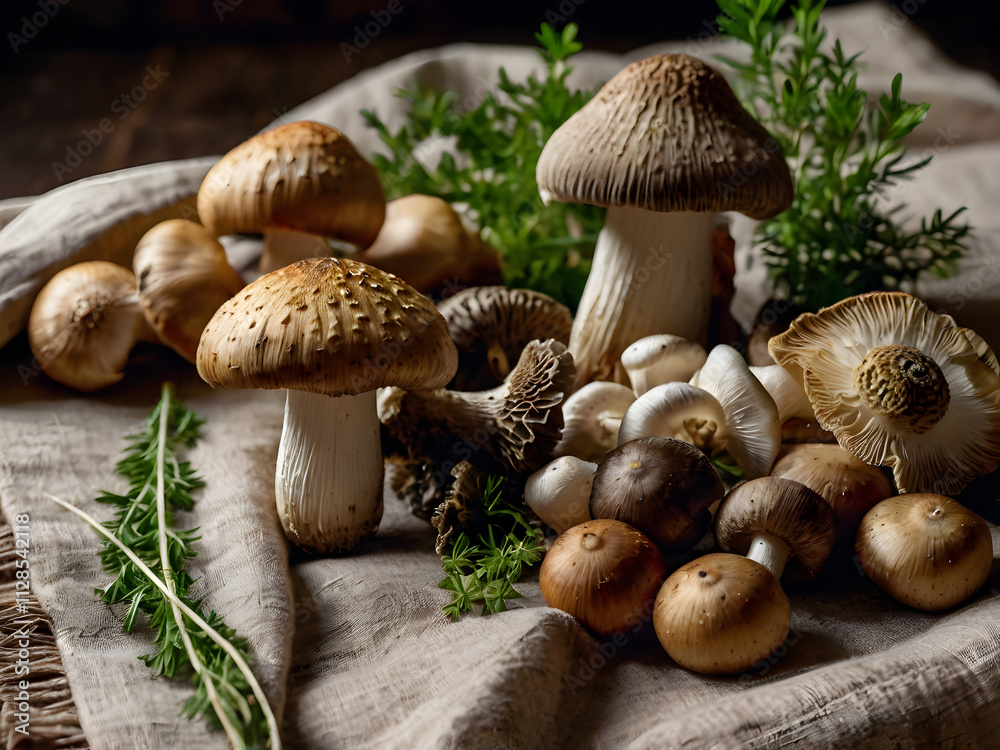 A colorful spread of mushrooms including king oyster, enoki, and morels arranged on a rustic linen cloth with fresh herbs. A colorful spread of mushrooms including king oyster, enoki, and morels arranged on a rustic linen cloth with fresh herbs.